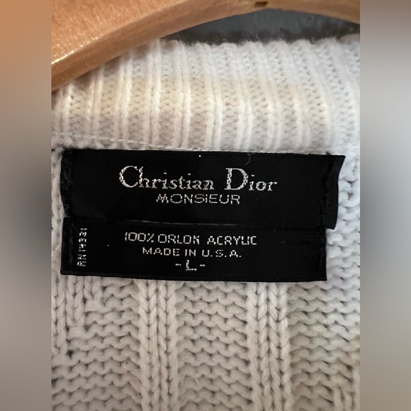 Men Christian Dior White Crewneck Cable Knit Sweater Large VTG RARE-Made in USA - Picture 3 of 4